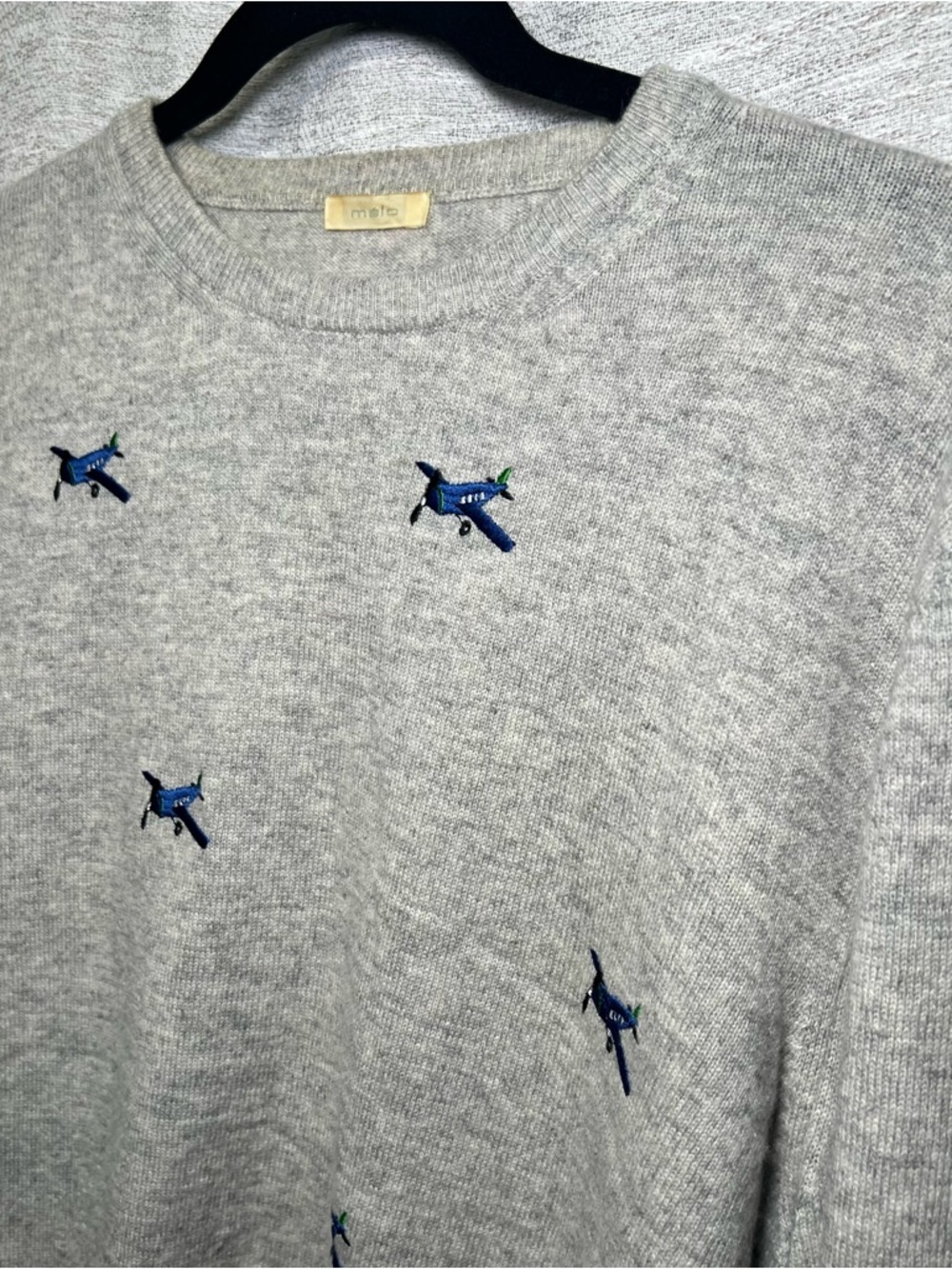 Malo 100% Cashmere Lux Sweater Gray Airplane Embroidered Crewneck Made in Italy - Picture 9 of 16